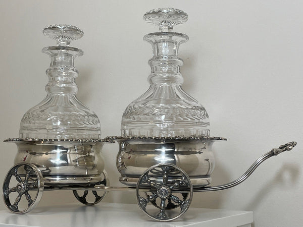 British Mappin & Webb Silver Antique Double Carriage Cognac Crystal Decanters - Cheshire Antiques Consultant