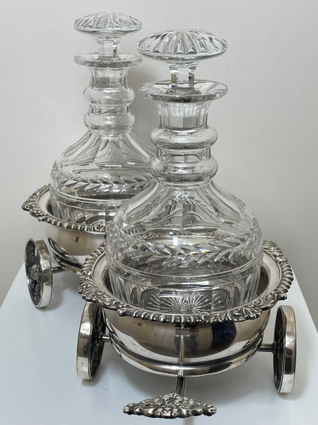 British Mappin & Webb Silver Antique Double Carriage Cognac Crystal Decanters - Cheshire Antiques Consultant