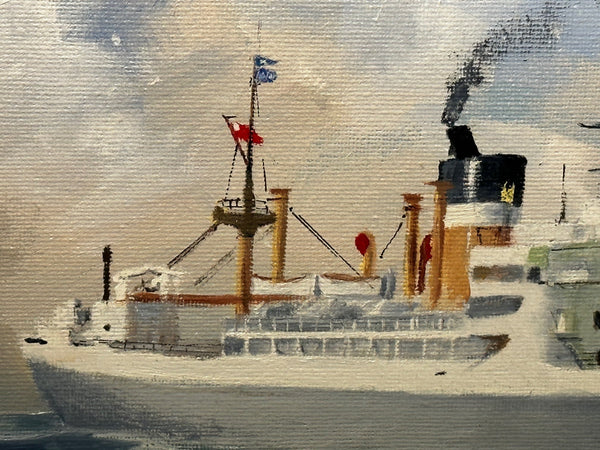 British Marine Oil Painting Cargo Ship City Of Liverpool Signed Les Cowle - Cheshire Antiques Consultant