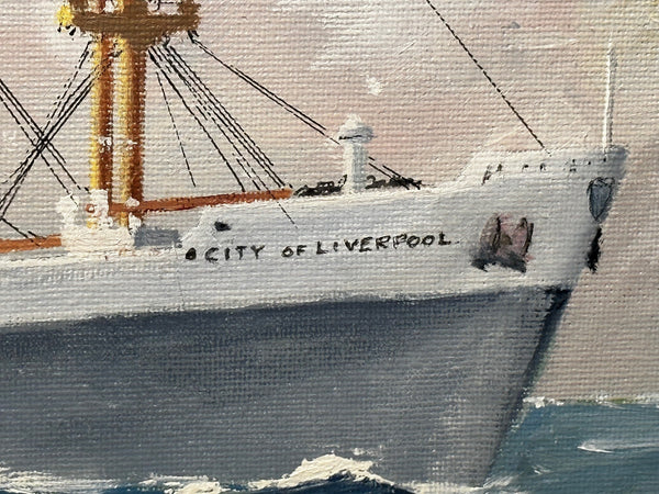 British Marine Oil Painting Cargo Ship City Of Liverpool Signed Les Cowle - Cheshire Antiques Consultant