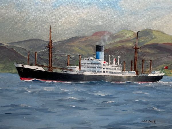 British Marine Oil Painting Refrigerated Cargo Ship Autolycus Steaming Along Clyde - Cheshire Antiques Consultant