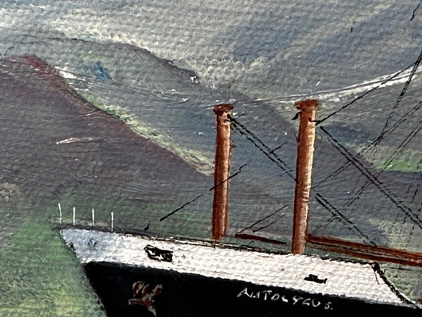British Marine Oil Painting Refrigerated Cargo Ship Autolycus Steaming Along Clyde - Cheshire Antiques Consultant