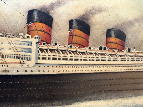 British Marine Oil Painting RMS Queen Mary Ocean Liner Steam Ship - Cheshire Antiques Consultant