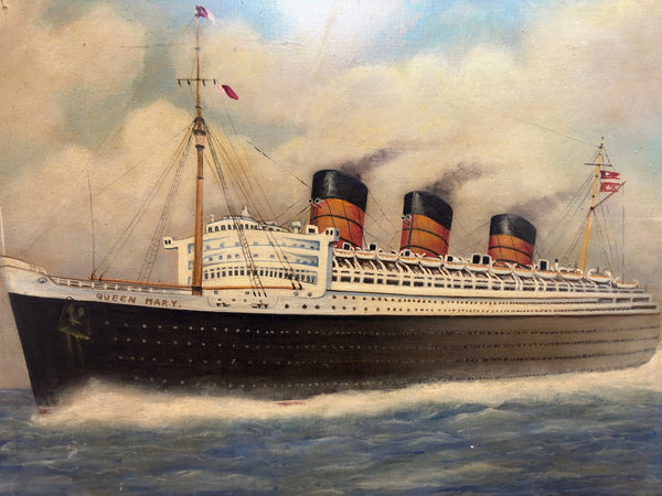 British Marine Oil Painting RMS Queen Mary Ocean Liner Steam Ship - Cheshire Antiques Consultant