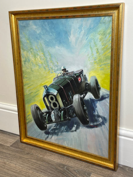 British Oil Painting Classic Green Racing Car Bentley No 18 At 24 Hours Le Mans - Cheshire Antiques Consultant