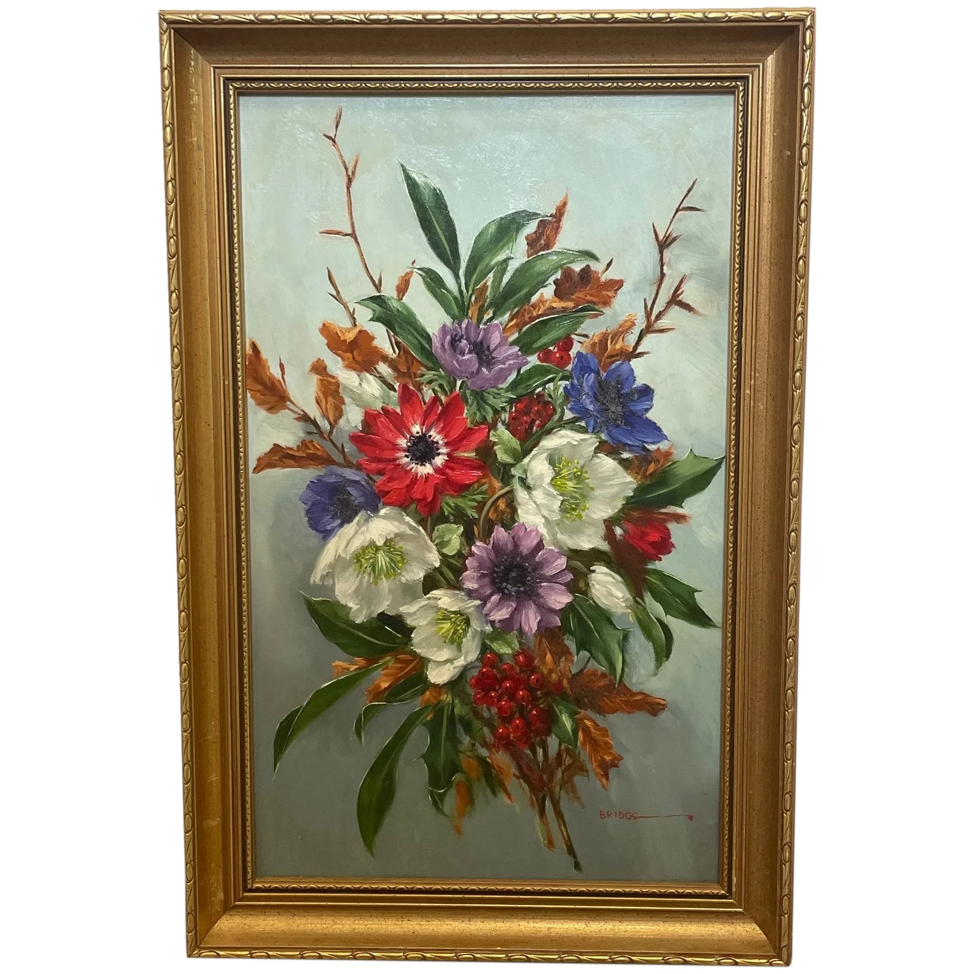 British Oil Painting Flowers & Red Berries By Elizabeth Bridge RI ROI 1912-1996 - Cheshire Antiques Consultant