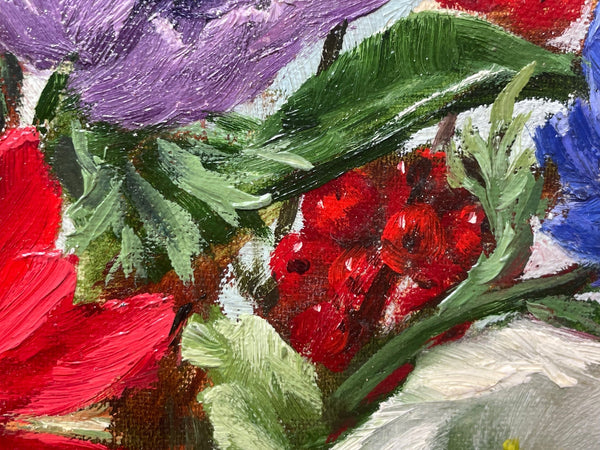British Oil Painting Flowers & Red Berries By Elizabeth Bridge RI ROI 1912-1996 - Cheshire Antiques Consultant