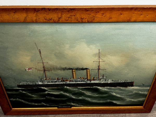British Oil Painting Marine Ship Blake Class Cruiser HMS Blenheim C1900's - Cheshire Antiques Consultant