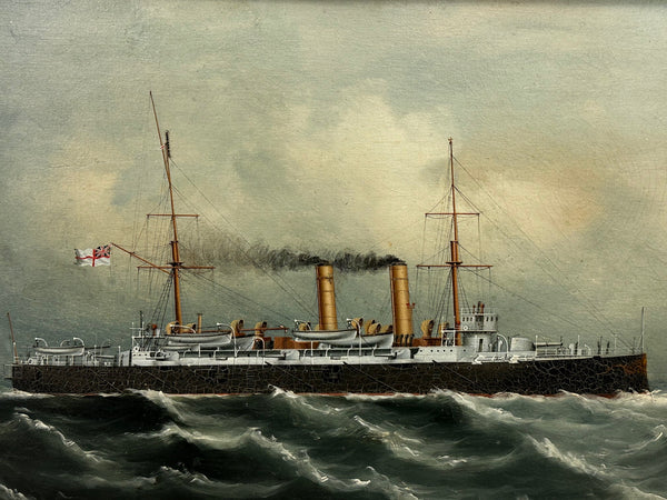 British Oil Painting Marine Ship Blake Class Cruiser HMS Blenheim C1900's - Cheshire Antiques Consultant