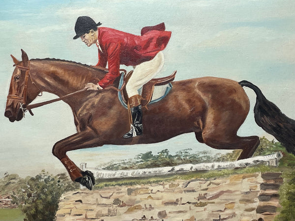 British Oil Painting Portrait Equine Show Jumping Champion Horse & Rider - Cheshire Antiques Consultant