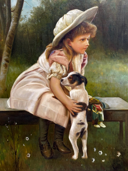 British Oil Painting Portrait Young Girl With Dog Jack Russell My Best Friend - Cheshire Antiques Consultant