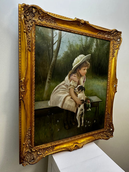 British Oil Painting Portrait Young Girl With Dog Jack Russell My Best Friend - Cheshire Antiques Consultant