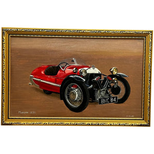 British Oil Painting Red Morgan V Twin Three Wheeler Super Sports Car - Cheshire Antiques Consultant