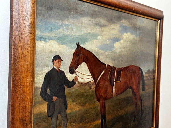 British Oil Painting Victorian Equine Bay Hunter Horse With Groom At French Fair - Cheshire Antiques Consultant