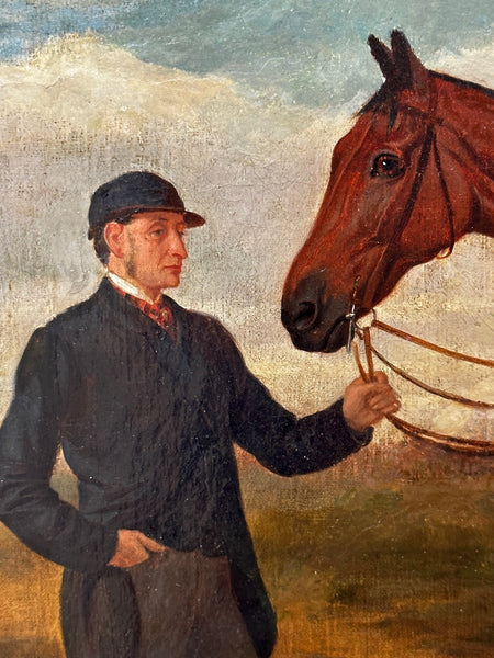 British Oil Painting Victorian Equine Bay Hunter Horse With Groom At French Fair - Cheshire Antiques Consultant
