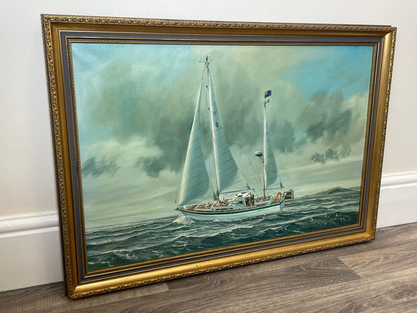British Seascape Oil Painting Racing Sailing Yacht By John Wright - Cheshire Antiques Consultant