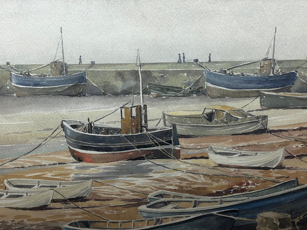 British Watercolour Marine Fishing Boats Low Tide Bridlington - Cheshire Antiques Consultant