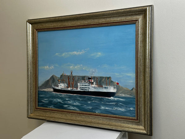 Cargo Ship Adventurer Oil Painting Approaching Cape Town Table Mountain - Cheshire Antiques Consultant