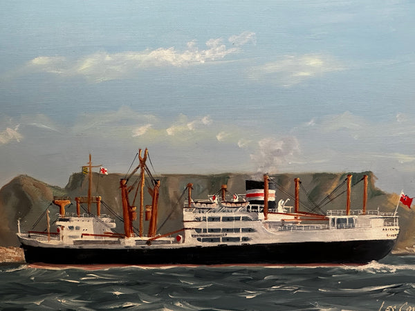 Cargo Ship Adventurer Oil Painting Approaching Cape Town Table Mountain - Cheshire Antiques Consultant