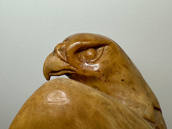 Carved Peregrine Falcon With Various Leather Hoods Sculpture - Cheshire Antiques Consultant