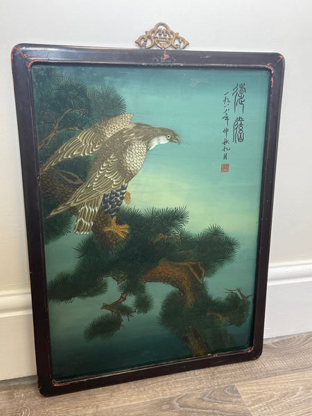 Chinese Painting Eagle Perched High Up Hanzi Character Marks Signed - Cheshire Antiques Consultant