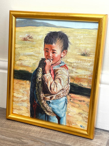 Chinese Portrait Oil Painting Tribal Young Boy In Gobi Desert - Cheshire Antiques Consultant