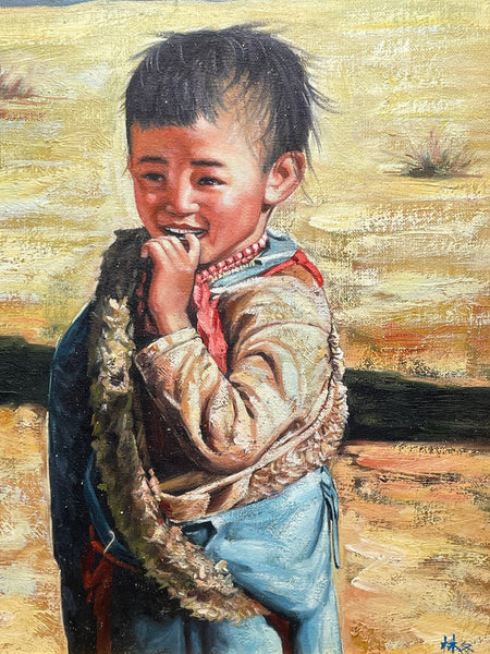 Chinese Portrait Oil Painting Tribal Young Boy In Gobi Desert - Cheshire Antiques Consultant