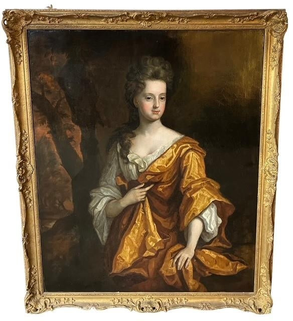 Huge Baroque 17th Century Oil Painting Portrait Lady Golden Dress Circle Of Godfrey Kneller