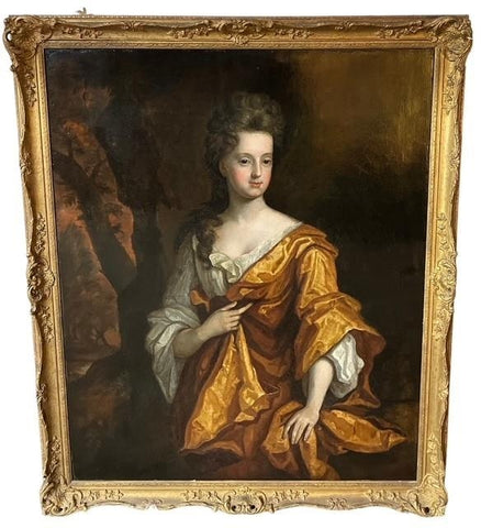 Riesiges Ölgemälde Portrait Lady Golden Dress Circle von Godfrey Kneller 1646-1723 