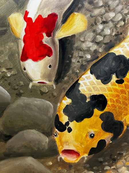 Contemporary Realism Aquatic Oil Painting Koi Carp Fish Swimming Around Clear Water - Cheshire Antiques Consultant