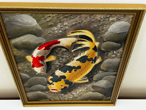 Contemporary Realism Aquatic Oil Painting Koi Carp Fish Swimming Around Clear Water - Cheshire Antiques Consultant