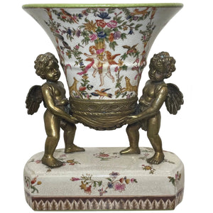 Decorative Napoleon III Style Bronze Porcelain Twin Cherubs Centrepiece Vase - Cheshire Antiques Consultant