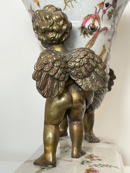 Decorative Napoleon III Style Bronze Porcelain Twin Cherubs Centrepiece Vase - Cheshire Antiques Consultant
