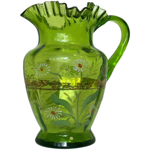 Decorative Vintage Green Crimped Glass Floral Gilt Jug Vase - Cheshire Antiques Consultant