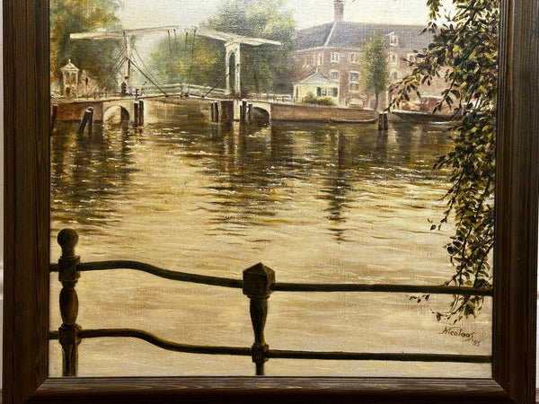 Dutch Oil Painting Walter Suskind Draw Bridge Misty Summer Morning In Amsterdam - Cheshire Antiques Consultant