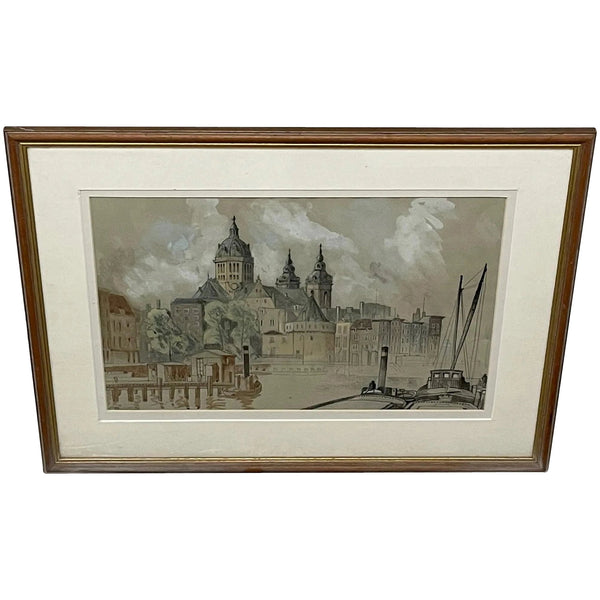 Dutch Pen & Ink Drawing Amsterdam Cathedral From Port - Cheshire Antiques Consultant