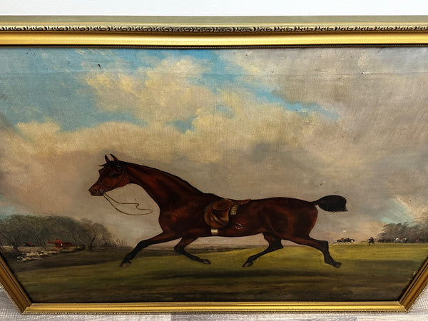Early Victorian Oil Painting Bay Hunter Horse Pursued By Huntsman Rider - Cheshire Antiques Consultant