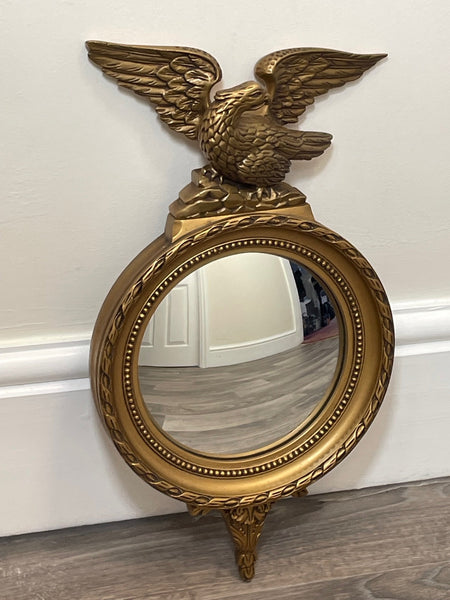 English Gilt Regency Style Eagle Crown Convex Small Wall Mirror - Cheshire Antiques Consultant