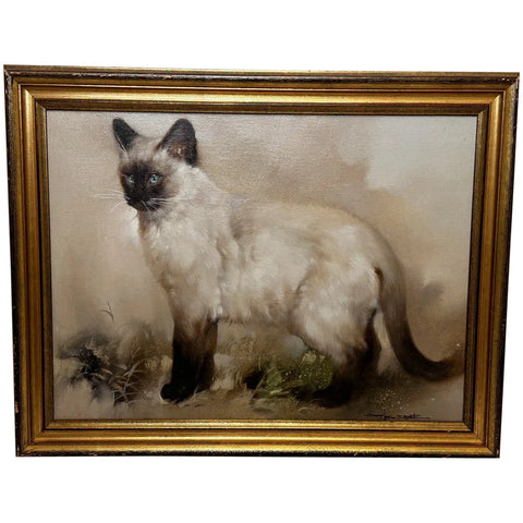 English Oil Painting Portrait Siamese Cat C1920 - Cheshire Antiques Consultant