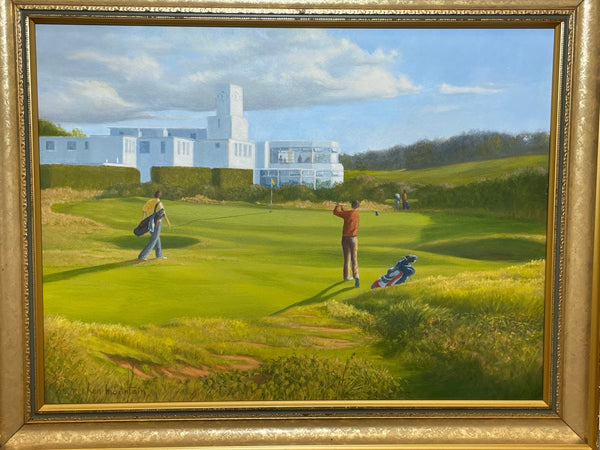 English Sporting Oil Painting Golf Players 18th Green Royal Birkdale Southport - Cheshire Antiques Consultant