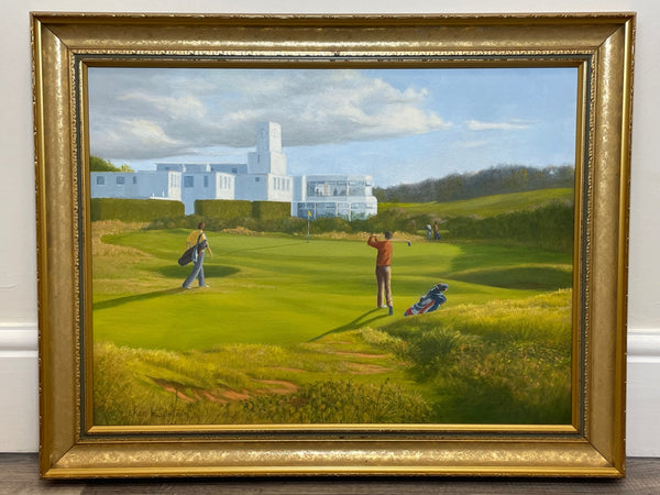 English Sporting Oil Painting Golf Players 18th Green Royal Birkdale Southport - Cheshire Antiques Consultant
