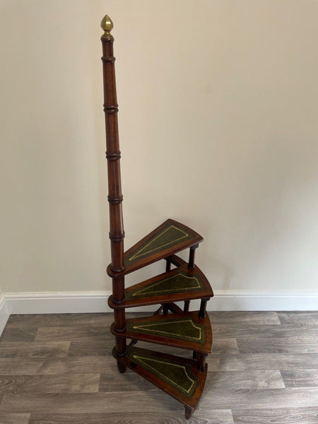 English Tall Victorian Style Mahogany Library Spiral Curved Step Ladder Stand - Cheshire Antiques Consultant