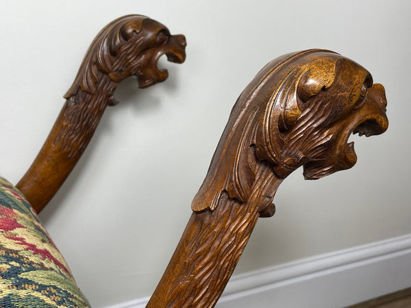 English Victorian Curved Carved Stool Window Seat Hunting Dog Head Finials - Cheshire Antiques Consultant