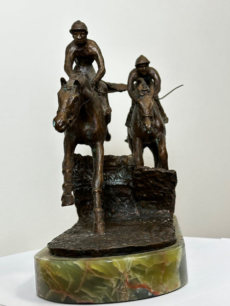 Equine Bronze Race Horses & Jockeys Galloping Triumph Hurdle Sculpture - Cheshire Antiques Consultant