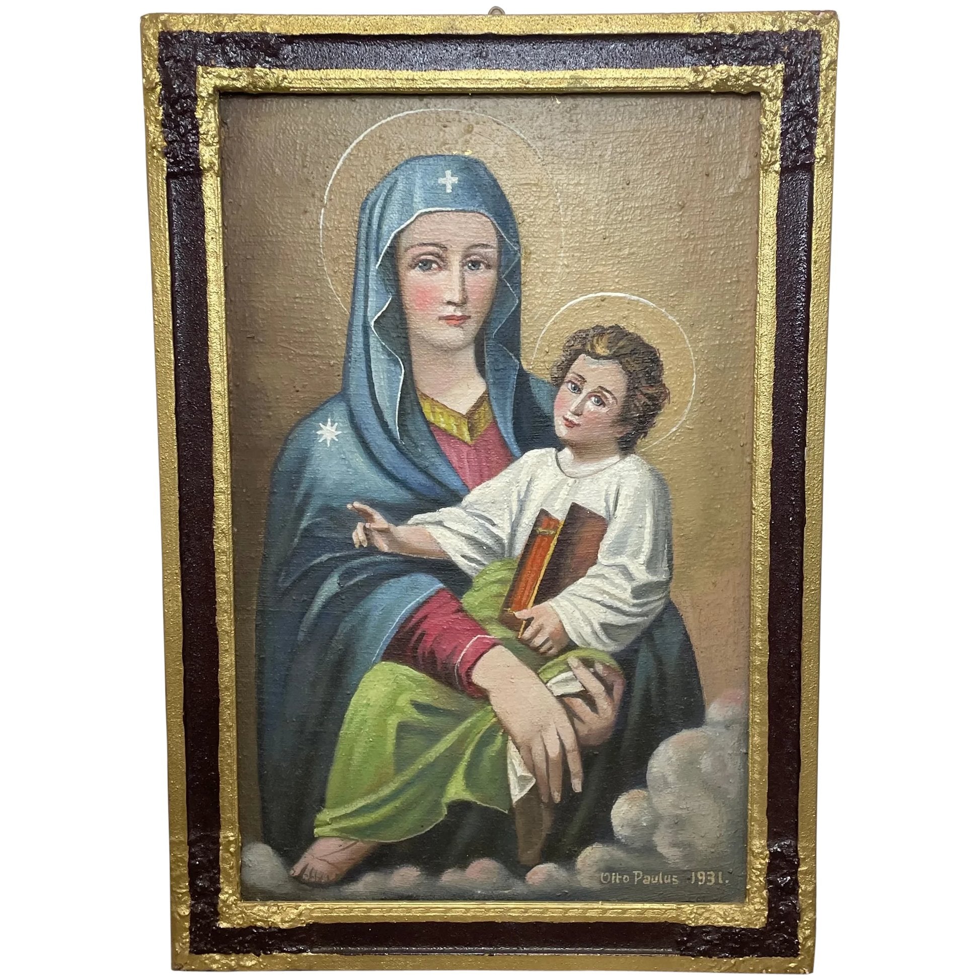 European Religious Madonna & Christ Icon Portrait Oil Painting C1931 - Cheshire Antiques Consultant