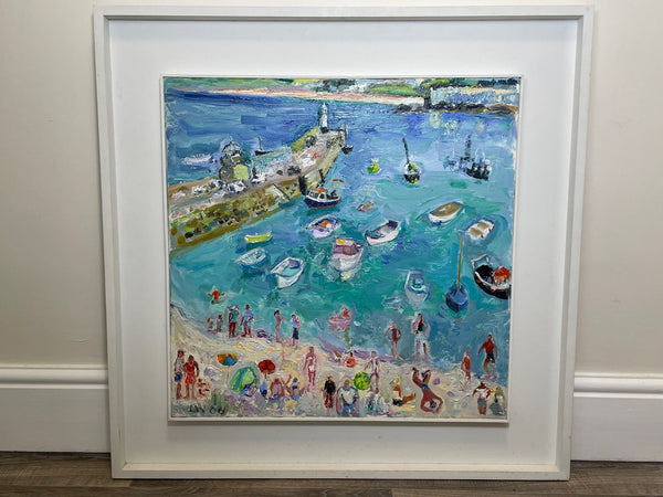 Expressionist Oil Painting St Ives Smeaton's Pier Beach Cornwall By Linda Weir - Cheshire Antiques Consultant