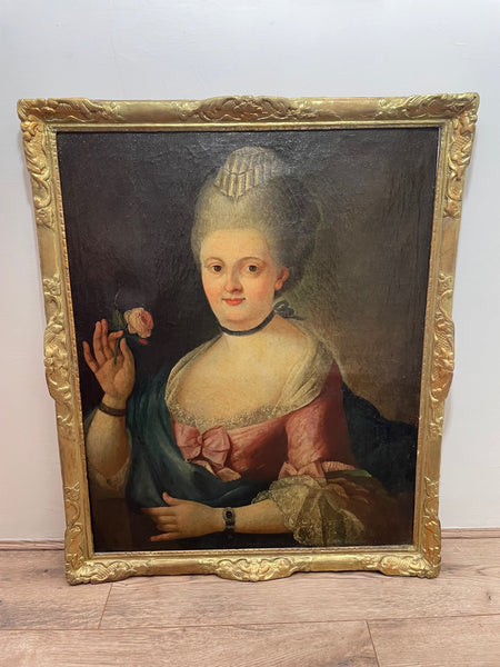 French 18th Century Portrait Oil Painting Court Lady In Pink Silk Dress Holding Rose - Cheshire Antiques Consultant