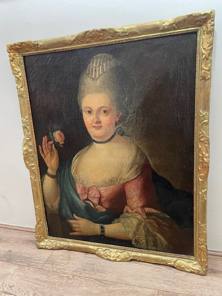 French 18th Century Portrait Oil Painting Court Lady In Pink Silk Dress Holding Rose - Cheshire Antiques Consultant