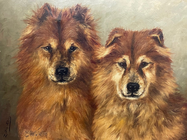 French 19th Century Oil Painting Chow Chow Dogs Ting & Ching - Cheshire Antiques Consultant