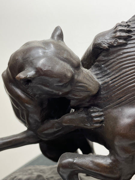 French Bronze Lioness Hunting Prey Buffalo Sculpture After Georges Gardet - Cheshire Antiques Consultant